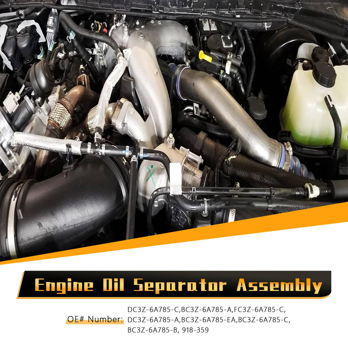Oil separator assembly in engine bay with black housing and connected hoses
