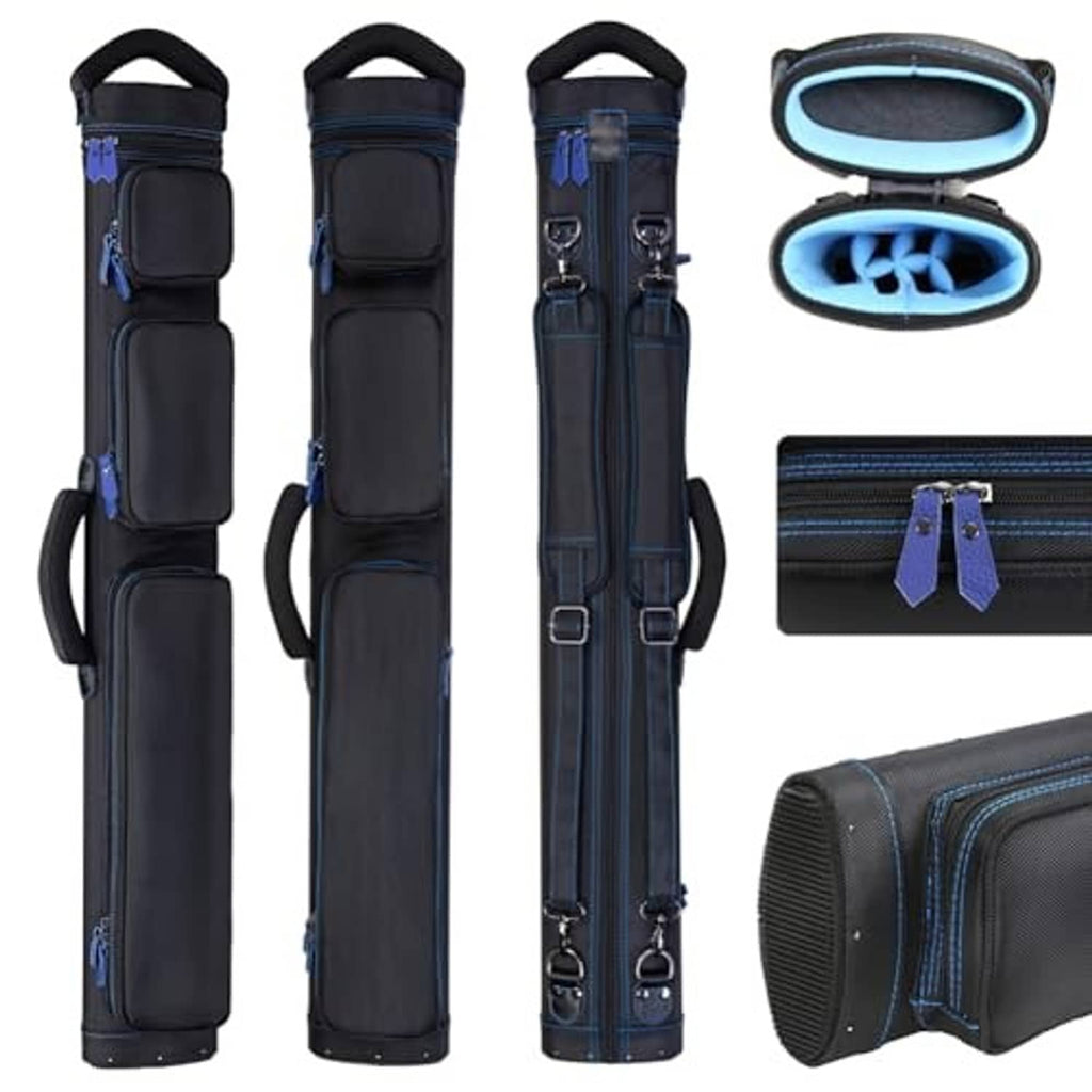 Pool cue case shown upright, black with blue stripe accents, two butt pockets and shaft holders.