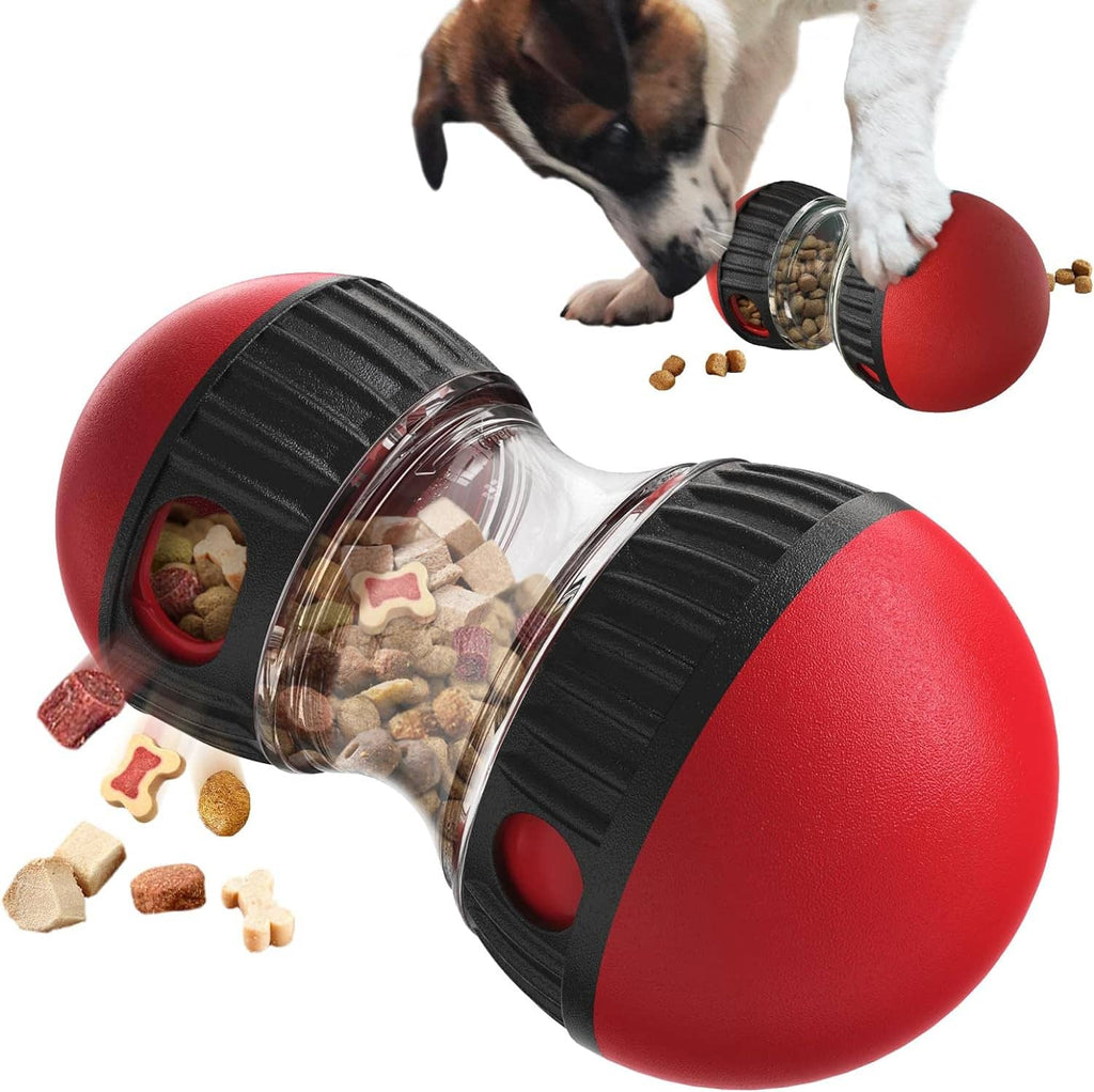 Red and black treat-dispensing puzzle slow feeder toy, transparent drum showing kibble