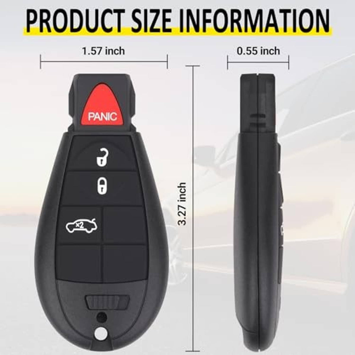 Black key fob remote with red PANIC button and side view profile