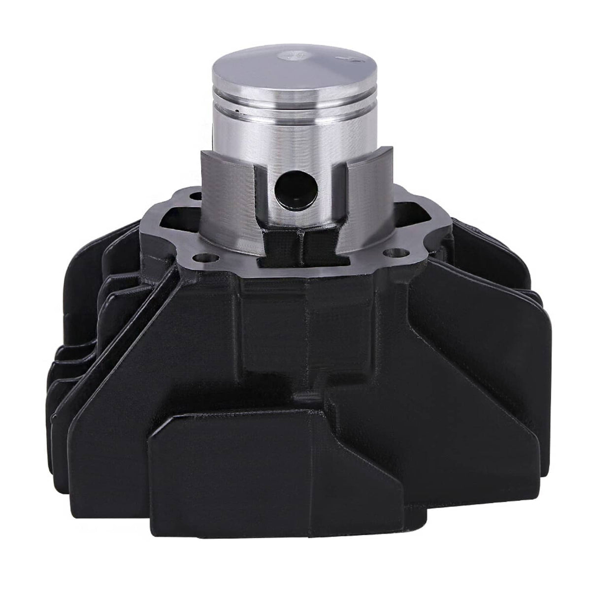 Black cylinder block with silver piston, front view with intake port plate