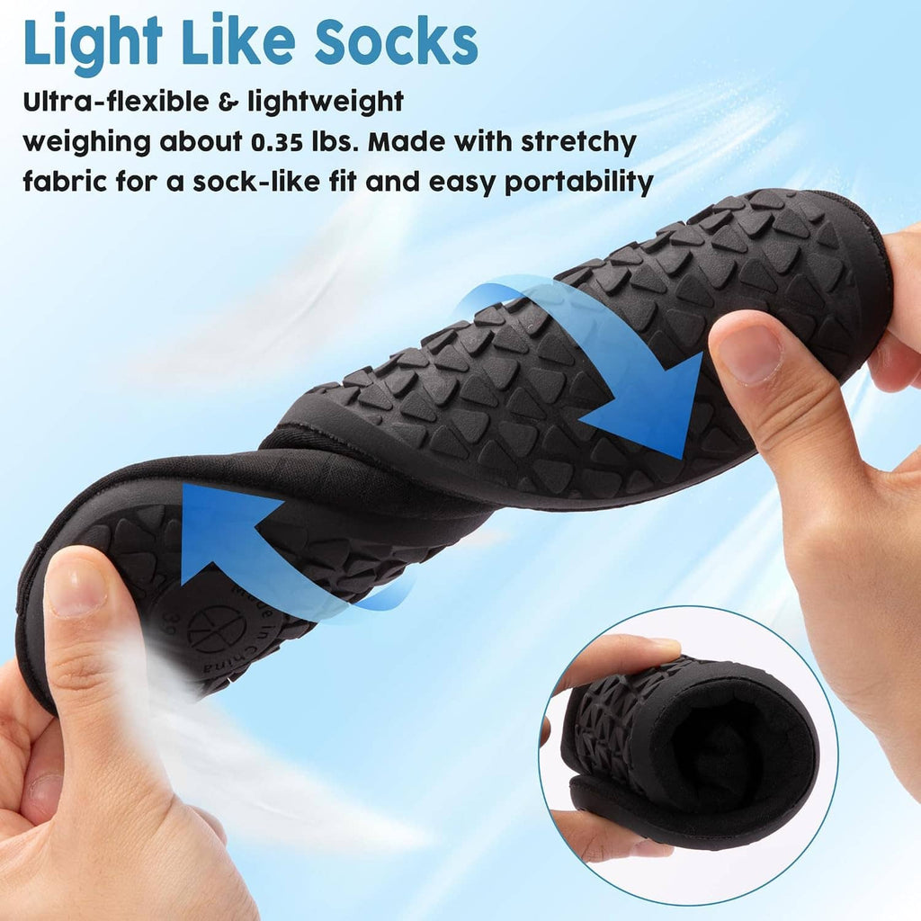 Black barefoot-style water sock shoes, flexible fit shown by hand