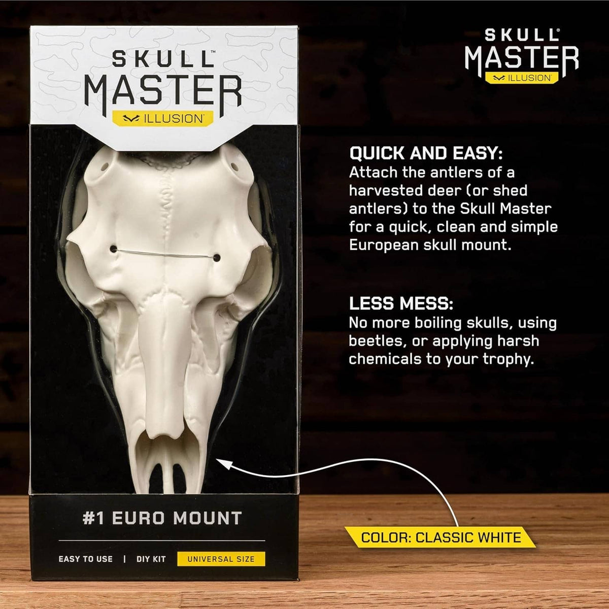 Skull Master mounting kit box with white skull and antler model