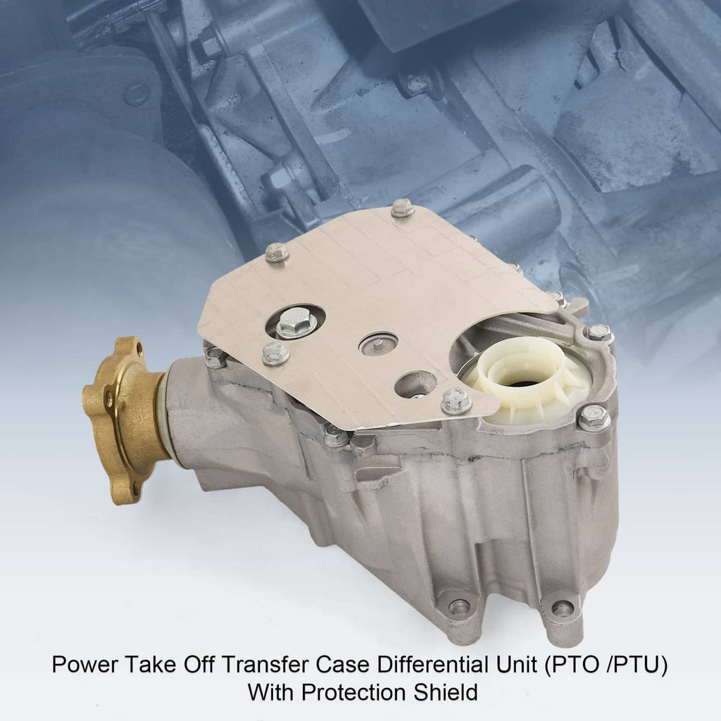 Power take-off transfer case differential unit with heat shield and outlet fitting