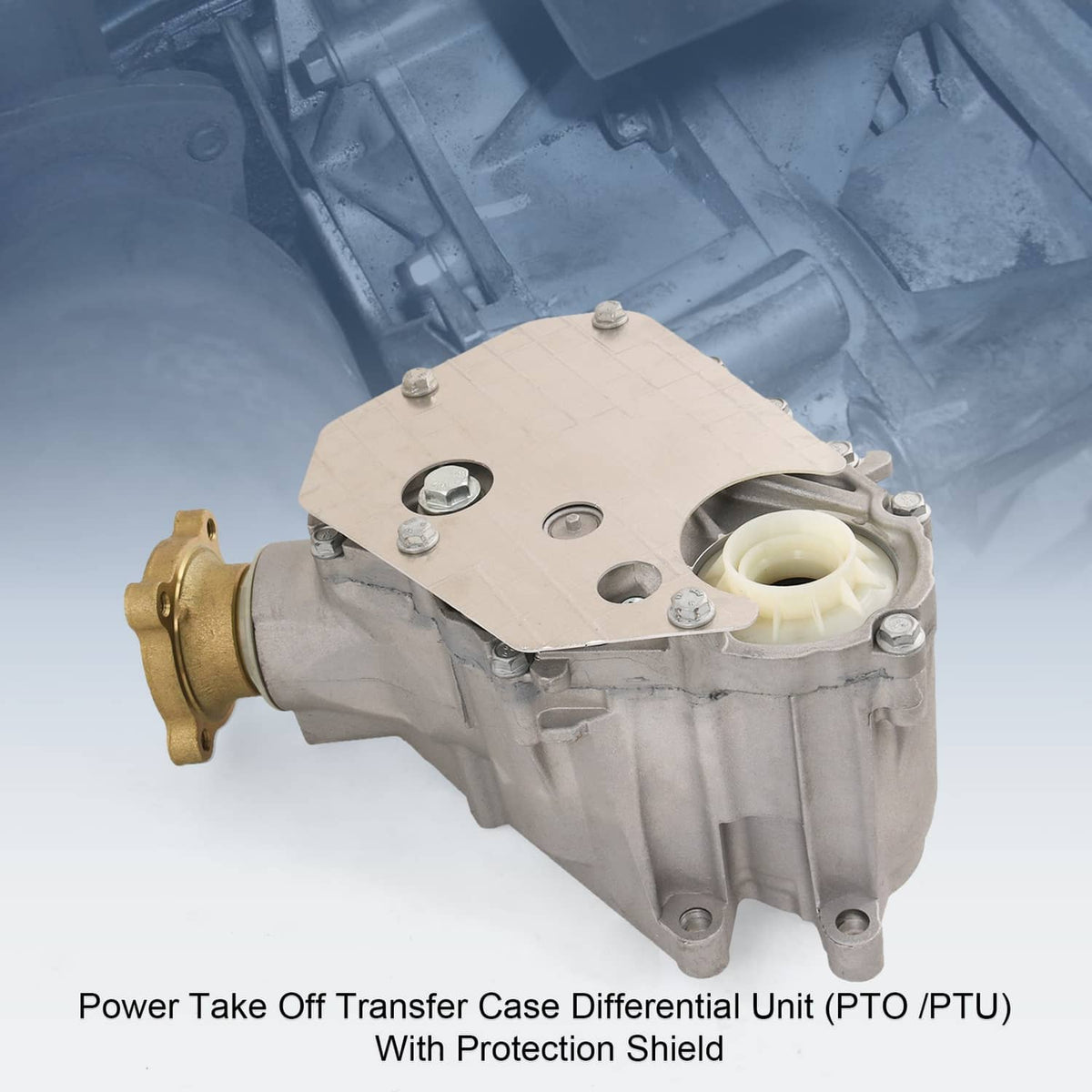 Power take-off transfer case differential unit with heat shield and outlet fitting