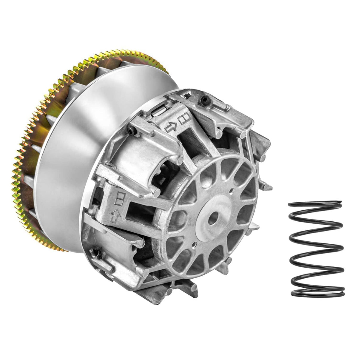 ATV primary drive clutch with gear and coil spring, silver metal assembly