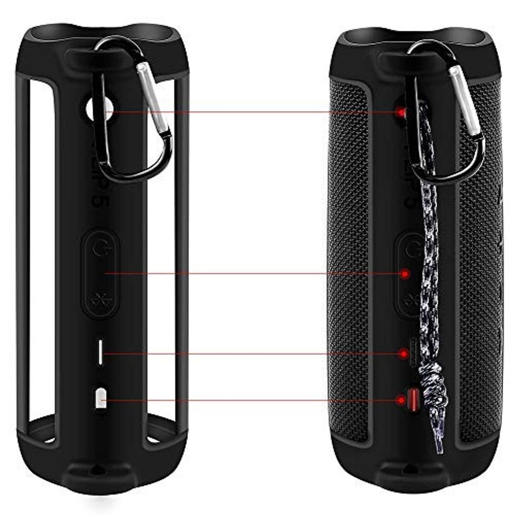 Black silicone speaker case, front and back views, with strap and carabiner clips