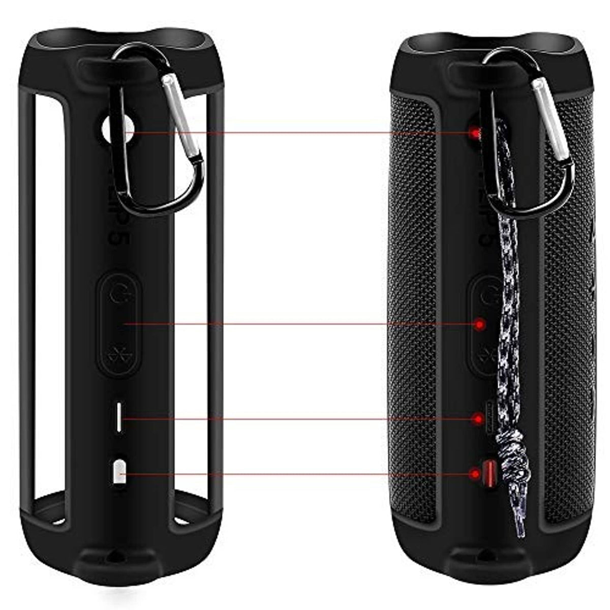 Black silicone speaker case, front and back views, with strap and carabiner clips