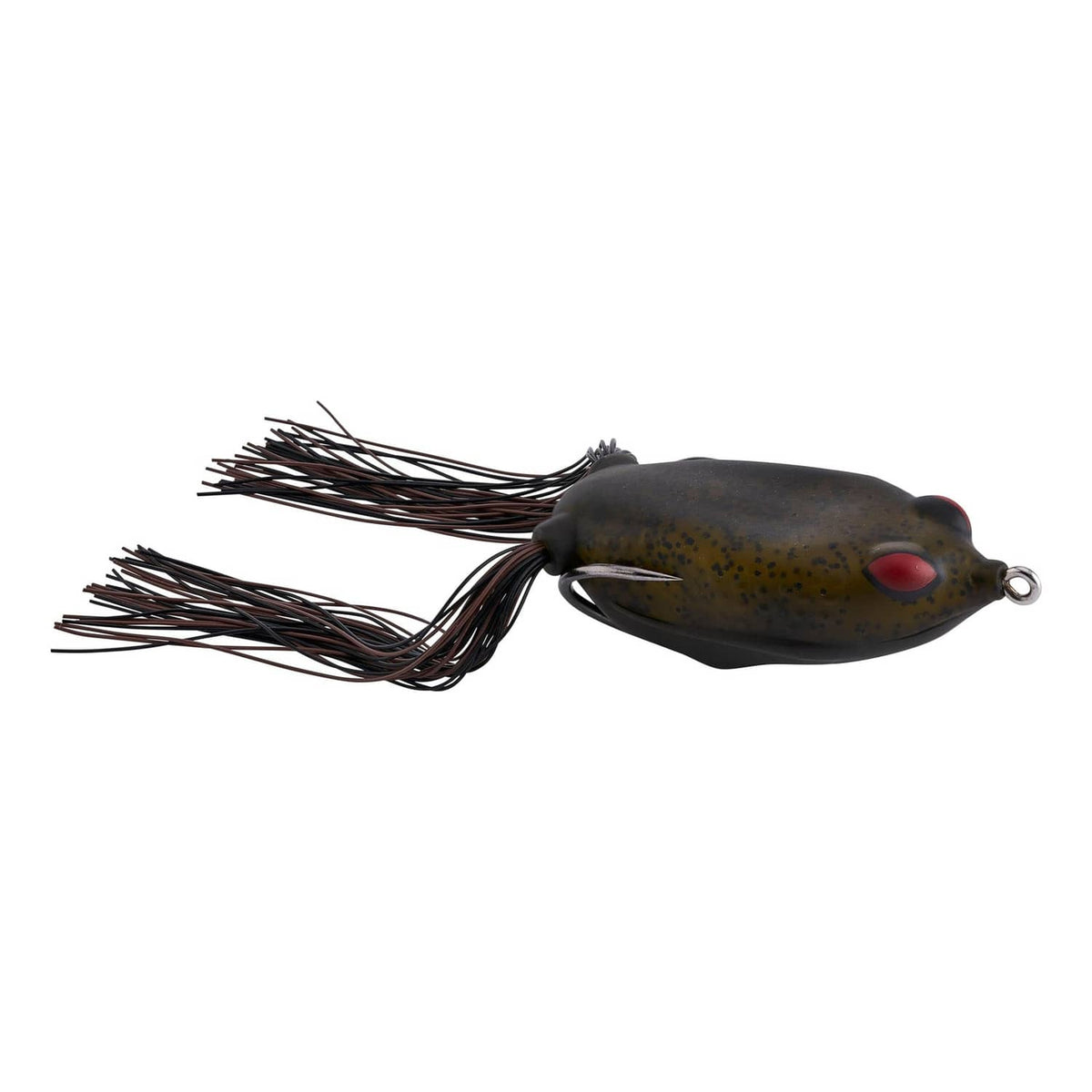 Dark camo frog fishing lure with red eye and black-brown skirt, metal hook