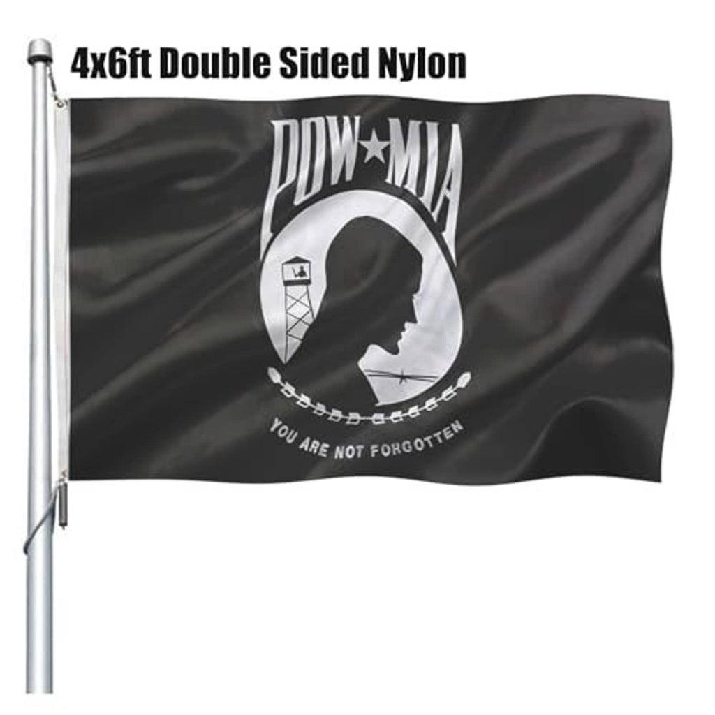 Double-sided nylon POW*MIA flag, black with white circular POW*MIA logo and pole mount