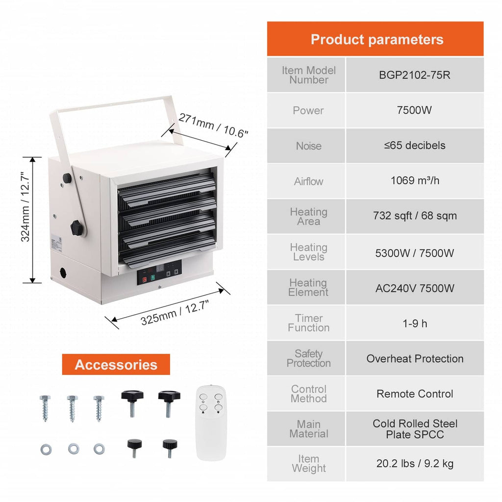 Heater dimensions diagram with remote control and accessories shown