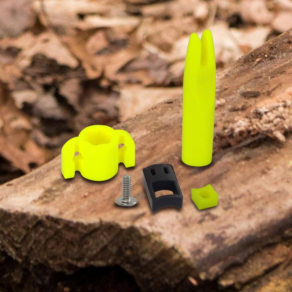 Neon yellow bowfishing arrow safety slides kit with black clamps and silver screws