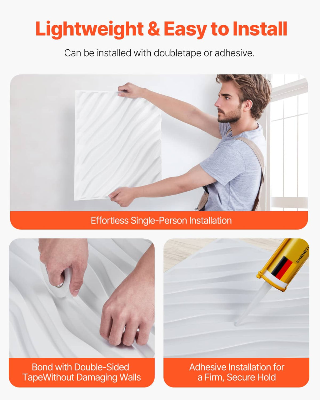 Matte white PVC wave wall panel sheet being installed on a wall by hand.
