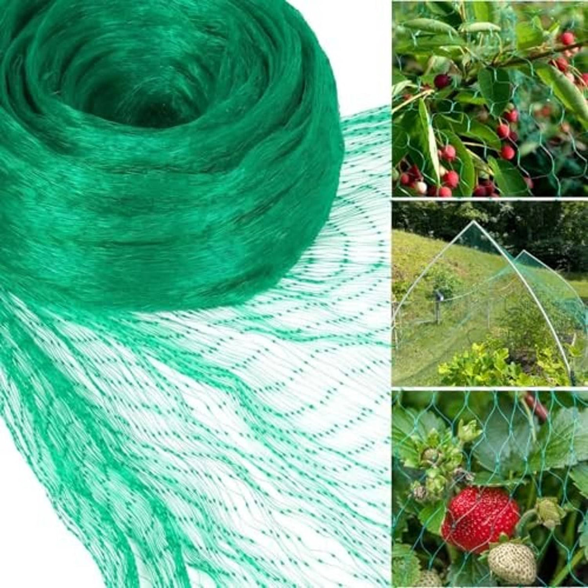 Rolled green bird netting with fine diamond mesh, sized for garden plant protection