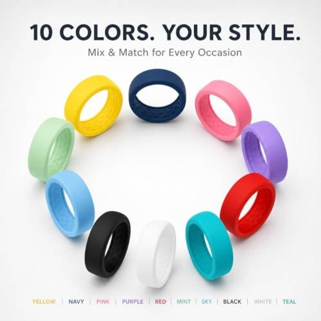 10 thin silicone ring covers in mixed colors, arranged for display