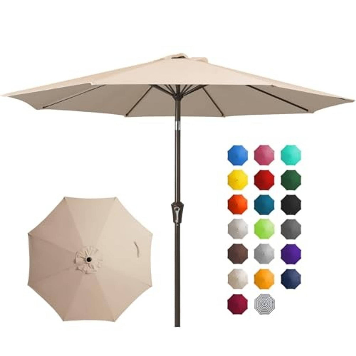 Beige patio umbrella with open canopy, black center pole, and matching spare umbrella