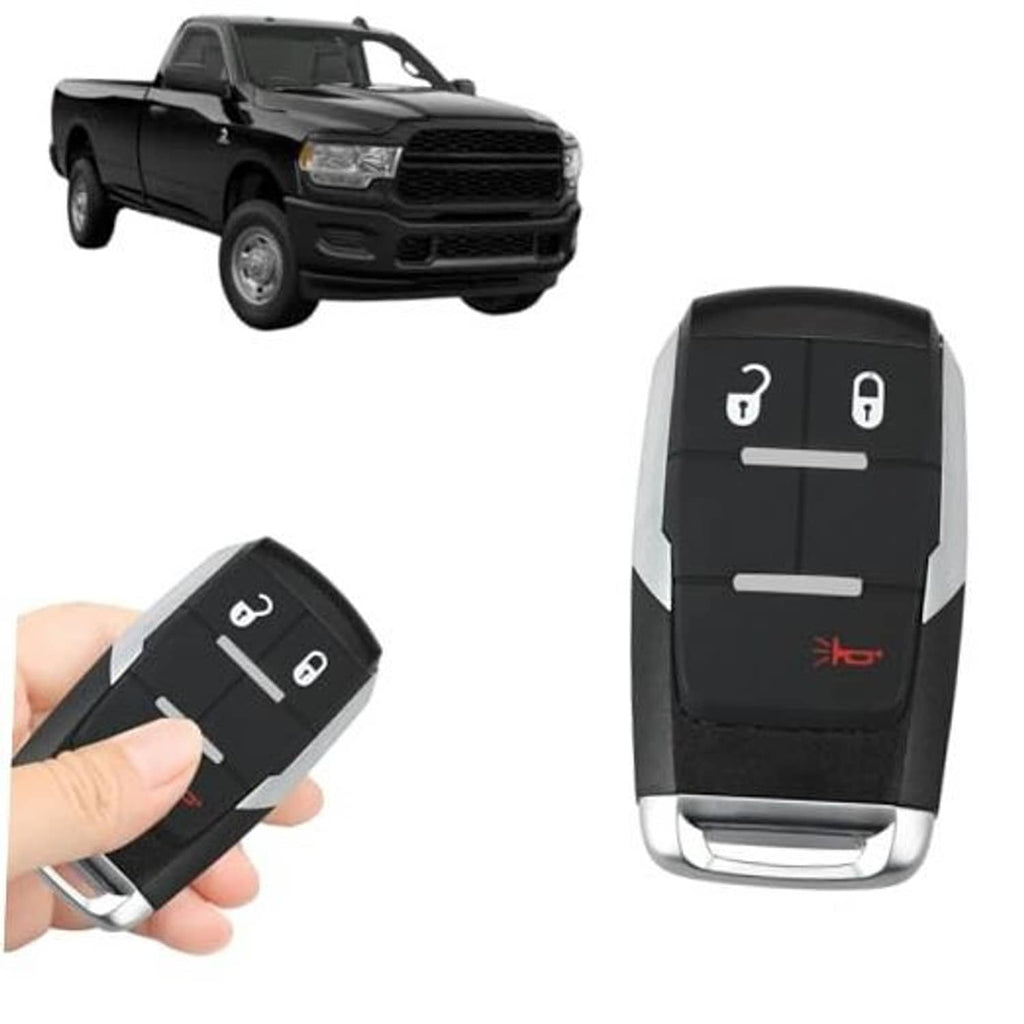 Black keyless entry remote key fob with lock and unlock buttons, held in hand