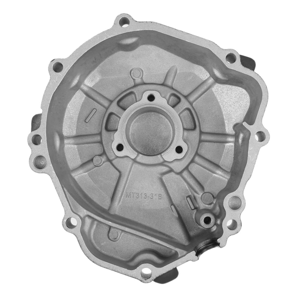 Engine stator cover, light silver crankcase with circular cap and multiple perimeter bolt holes