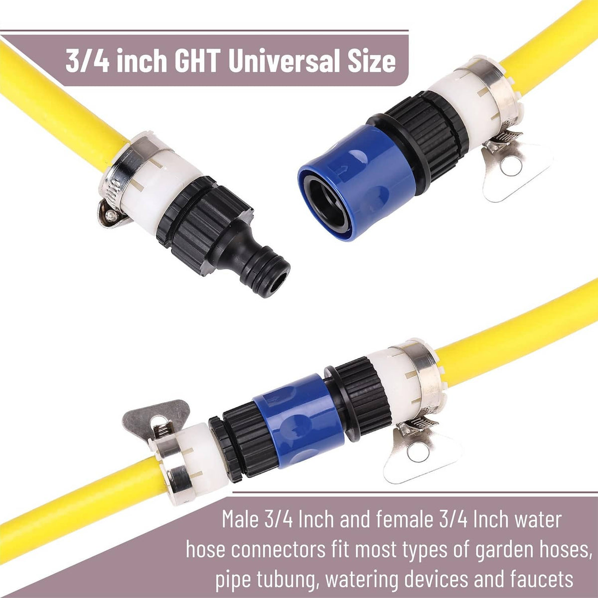Blue and black 3/4 inch garden hose quick connector pair with hose clamps