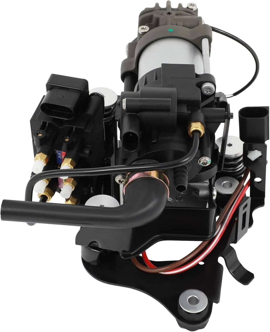 Air suspension compressor pump with black relay blocks, wiring harness, and metal mounting brackets