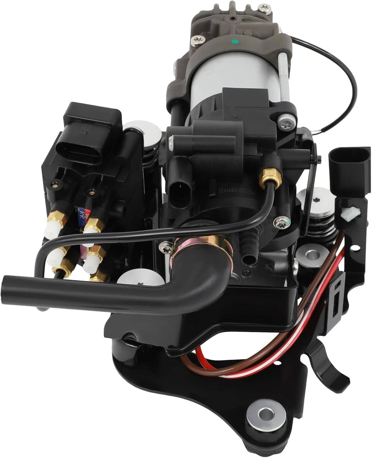 Air suspension compressor pump with black relay blocks, wiring harness, and metal mounting brackets