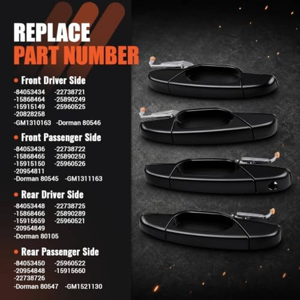 Black exterior door handles with mounting hardware shown in a close-up layout.