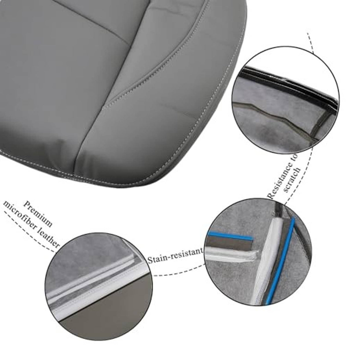 Gray microfiber leather seat cover with double-stitched edge detailing