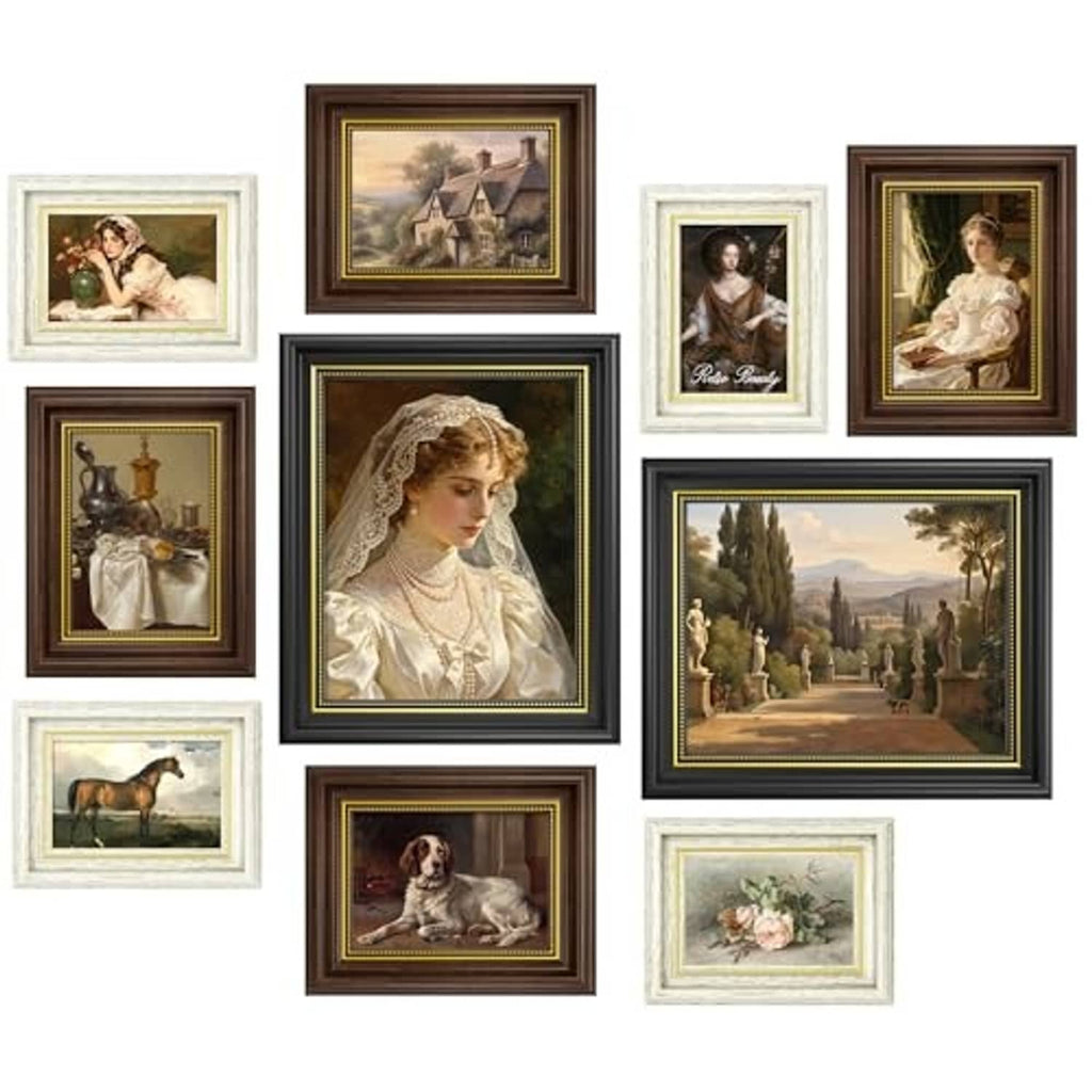 Vintage collage photo frame set with multiple small frames in black, brown, and white