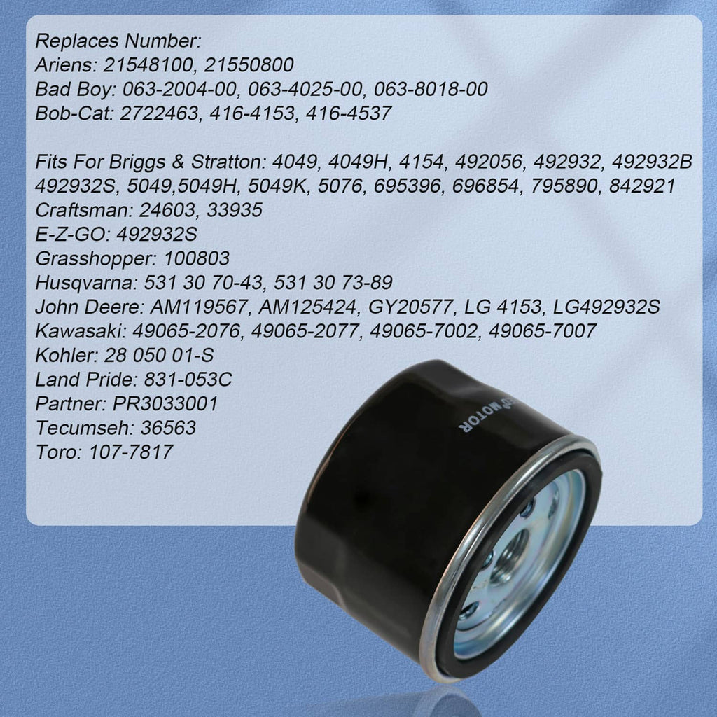 Single black oil filter canister with silver metal rim and center outlet hole