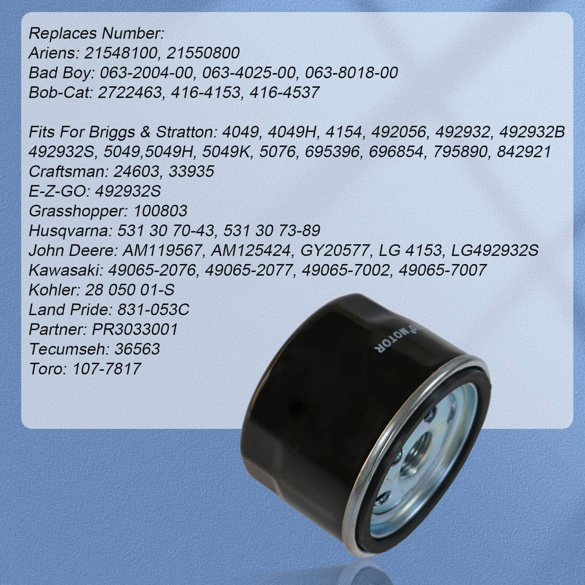 Single black oil filter canister with silver metal rim and center outlet hole
