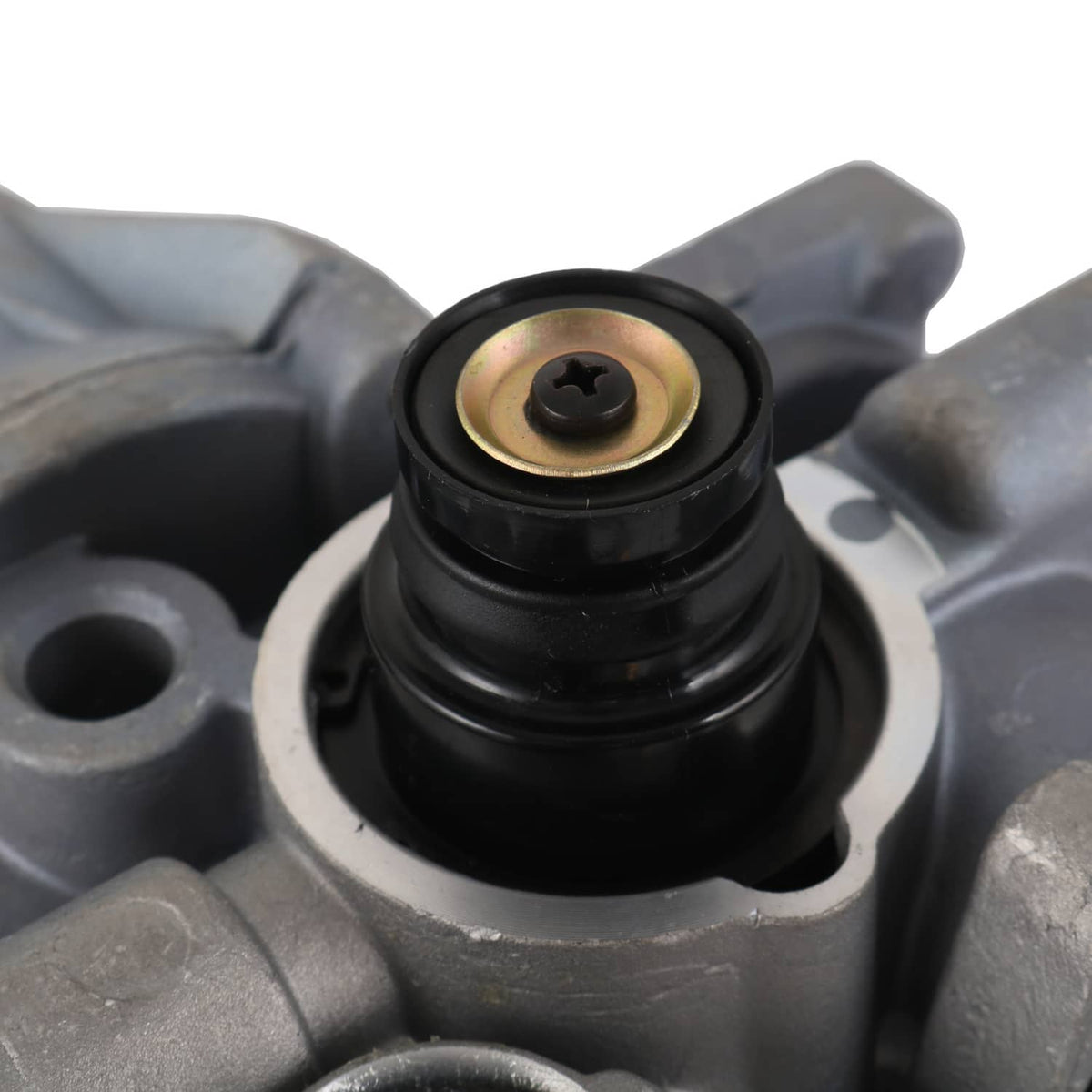 Close-up of air dryer air fitting with brass insert on black rubber seal