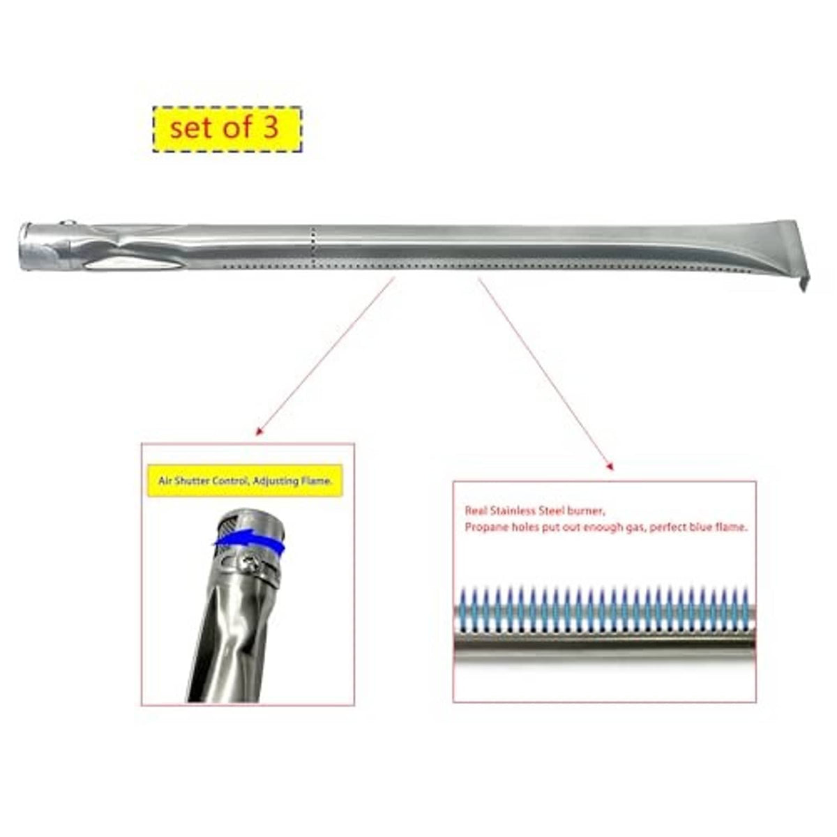 Three stainless steel burner tubes with perforated detail, set of three