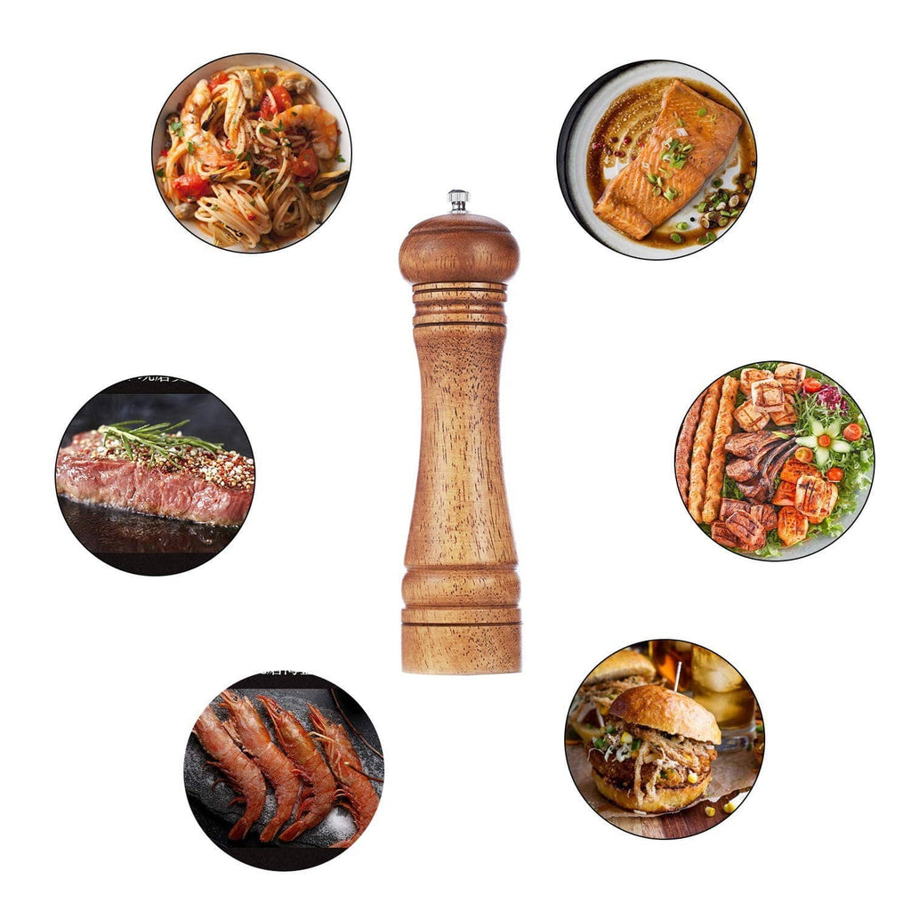 Wood pepper mill with seasoning on foods shown in inset circles