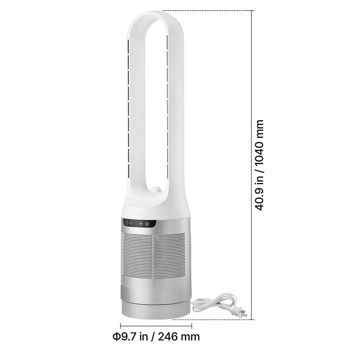 White bladeless tower fan side view with height measurement