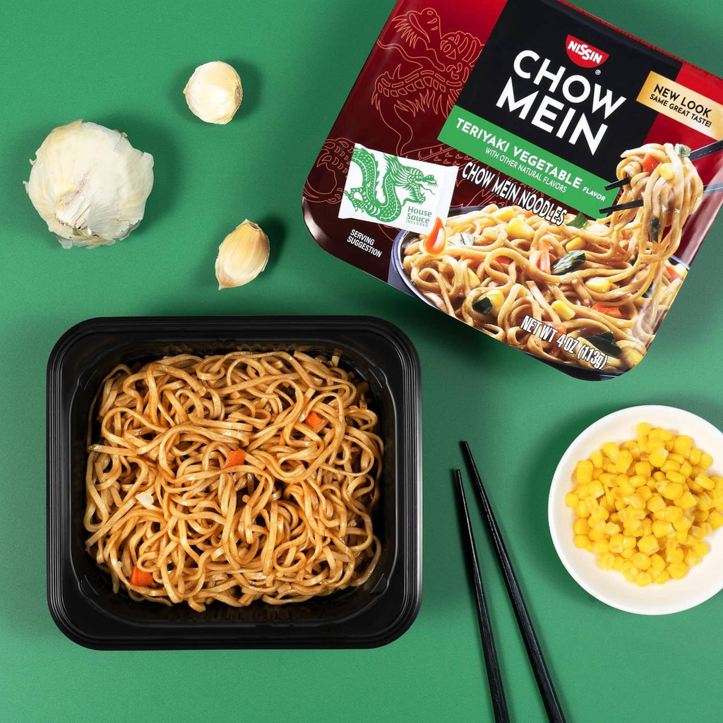 Teriyaki vegetable Chow Mein noodles in tray with package and corn topping