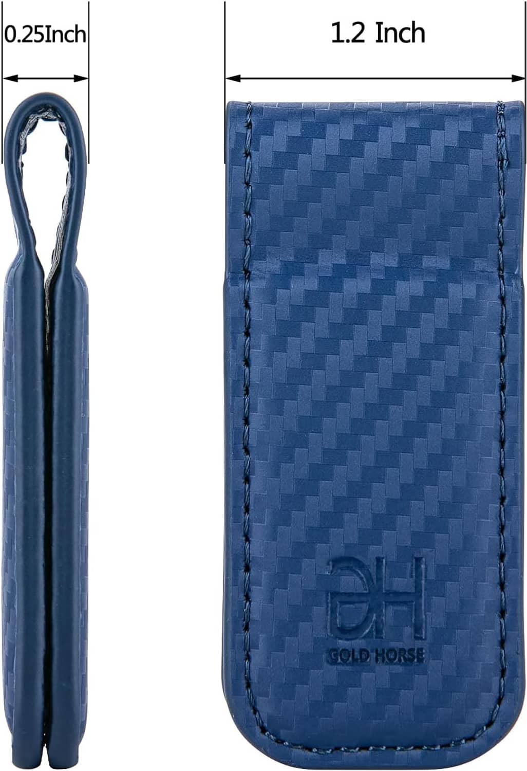 Blue slim leather card holder with magnetic closure and stitched border