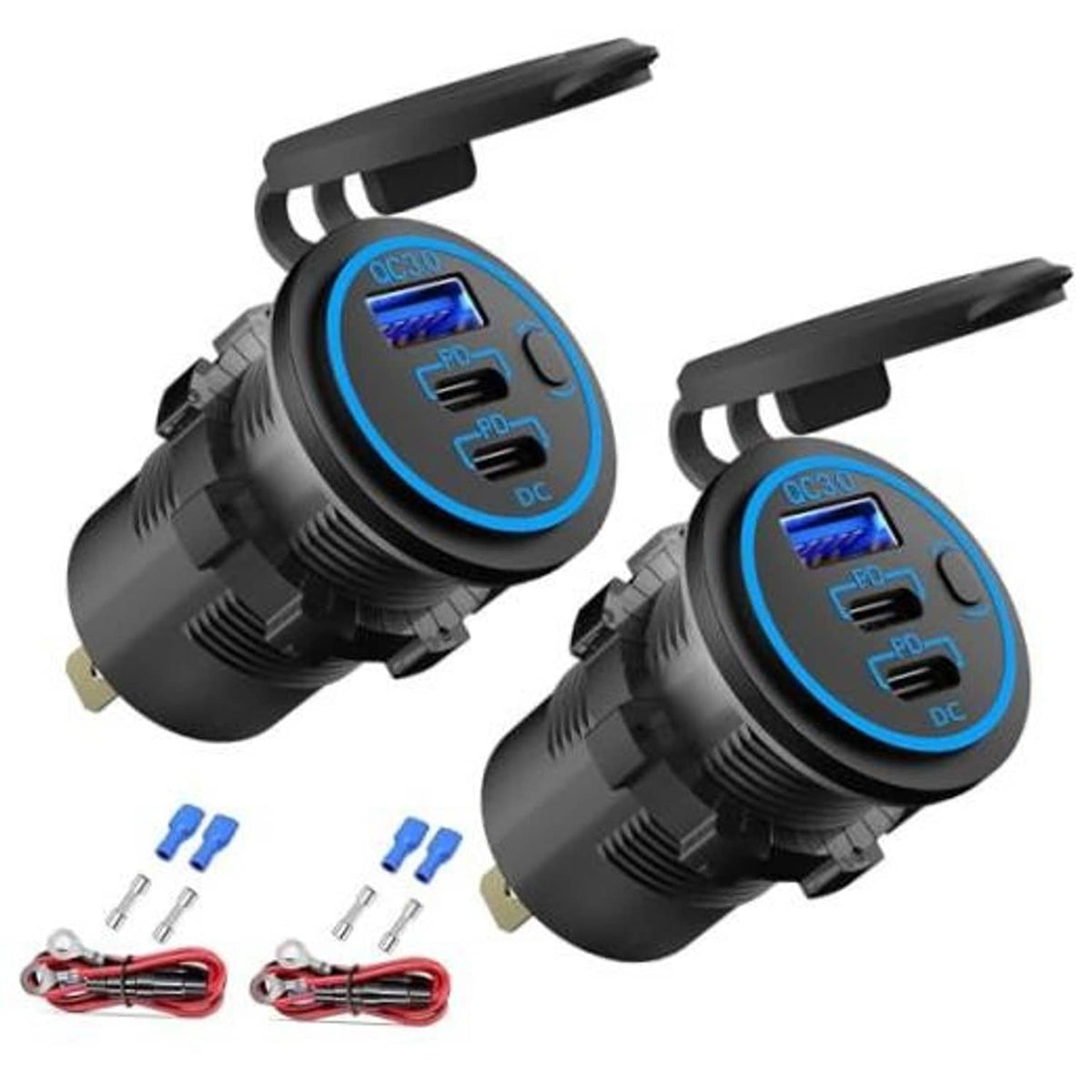 Wired 12V USB outlet charger, dual USB-C PD3.0, black 2-pack, with wiring leads