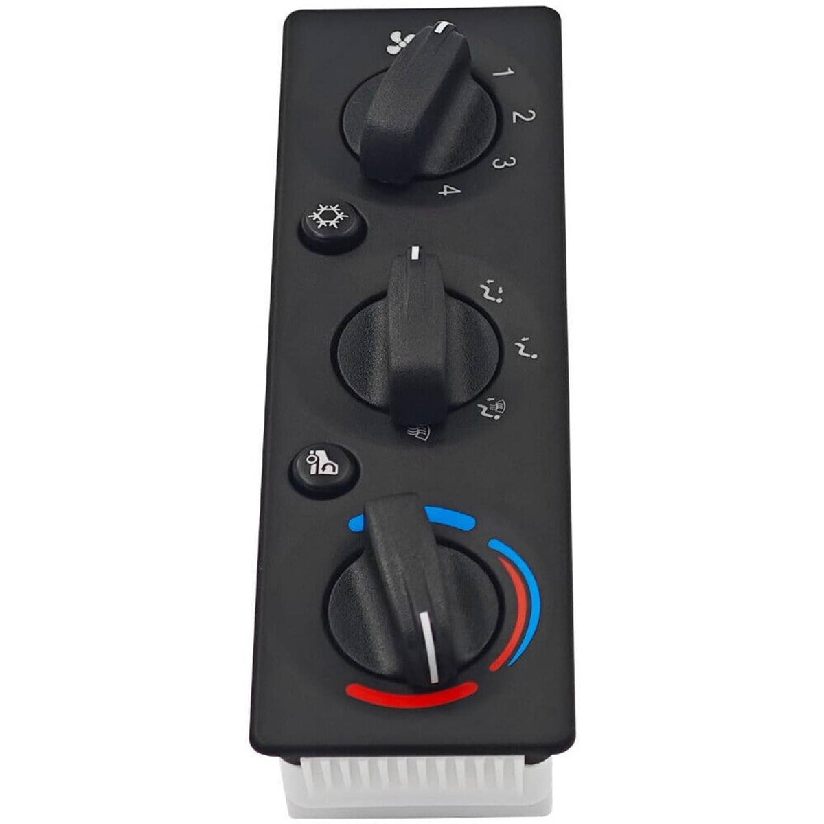 A/C climate control module panel side view showing fan knobs and blue/red temperature dial