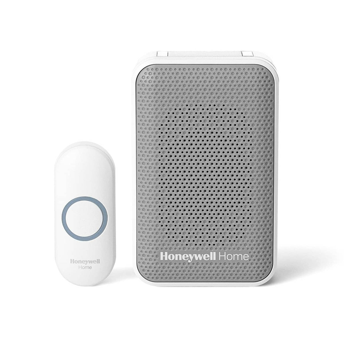 Plug-in wireless doorbell chime with mesh speaker grille and matching white button