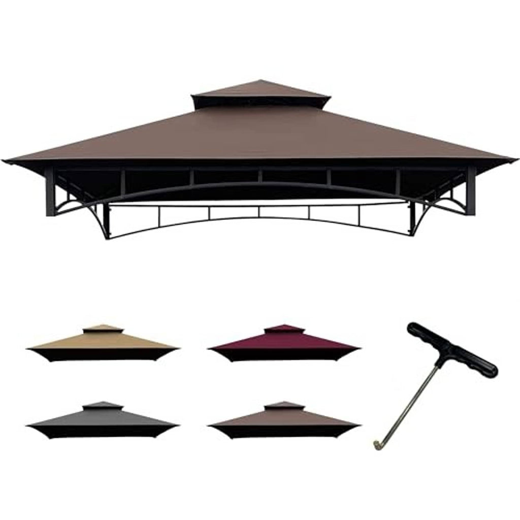 Brown gazebo BBQ canopy top with dark steel frame, seen from front angle