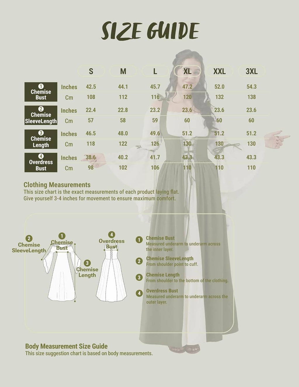 Size guide chart for women’s medieval corset dress with body measurement ranges