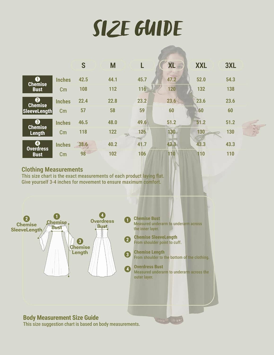 Size guide chart for women’s medieval corset dress with body measurement ranges
