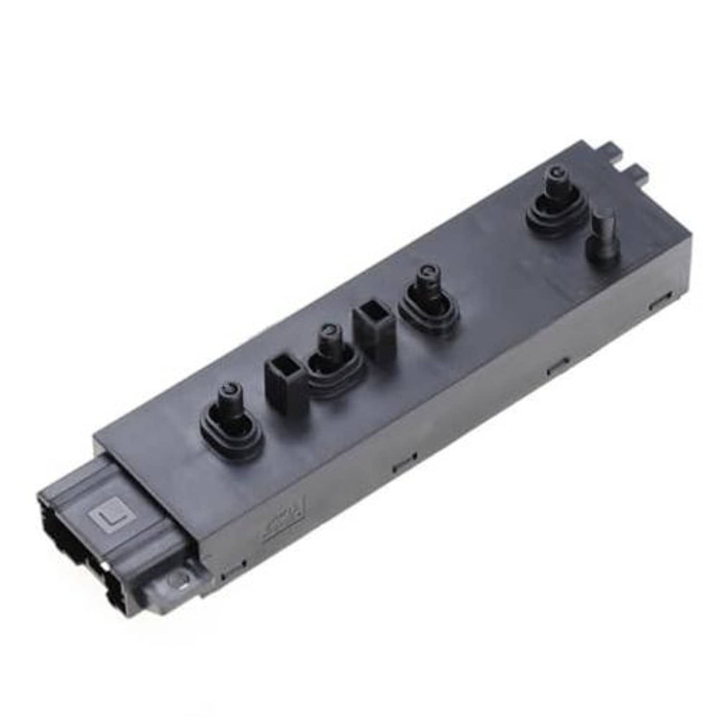 Car seat power switch module, dark gray with rocker switches and an L/R selector icon
