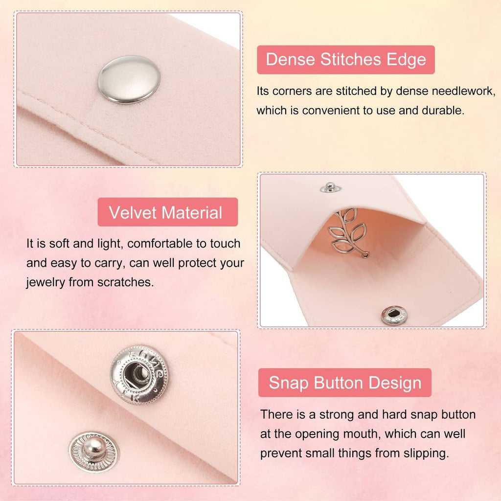 Pink velvet jewelry pouch close-up with metal snap button and stitched edges