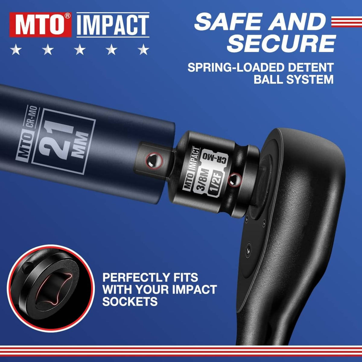 Black impact socket adapter set with spring-loaded detent ball opening