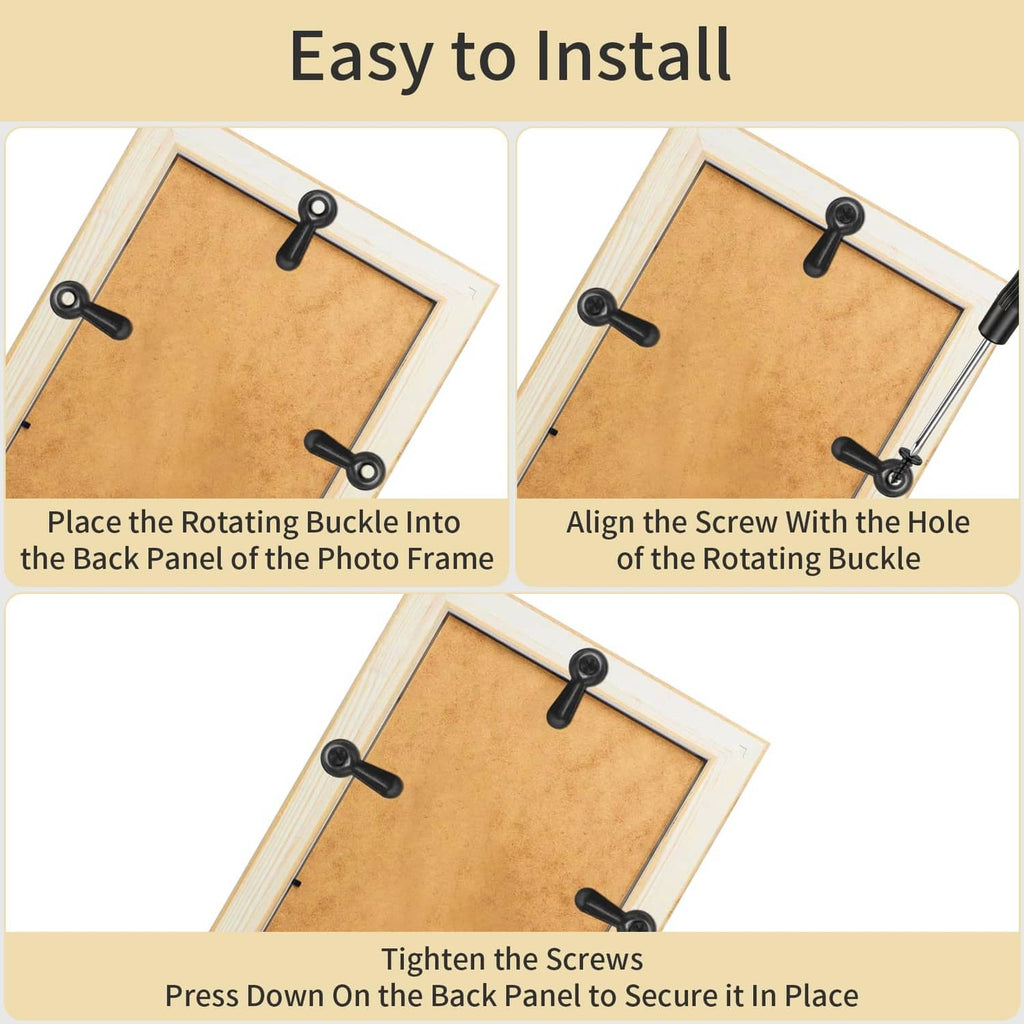 Black turn buckle fasteners and screws for securing a photo frame back panel.