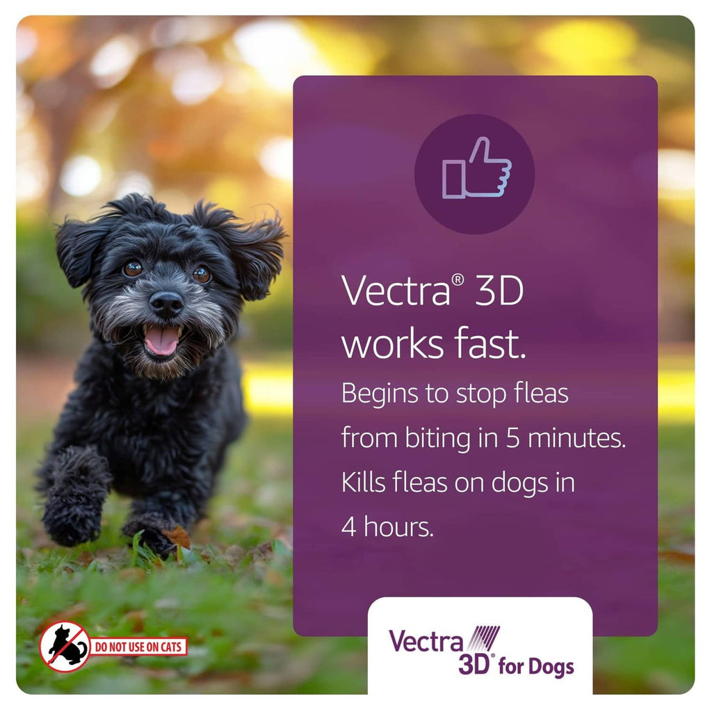 Vectra 3D for Dogs works fast panel: stops fleas in 5 minutes, kills in 4 hours