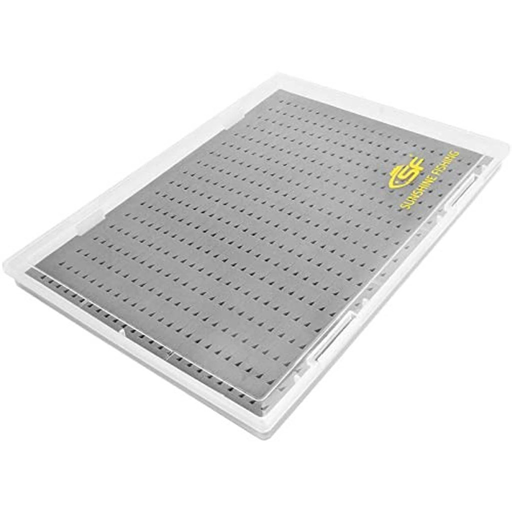 Extra-large clear fly fishing storage box with gray perforated foam insert and yellow logo