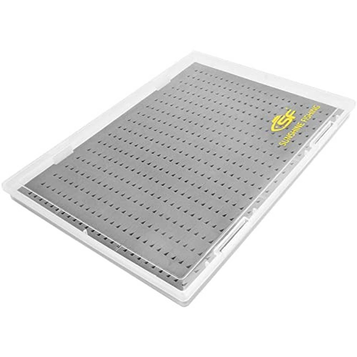 Extra-large clear fly fishing storage box with gray perforated foam insert and yellow logo