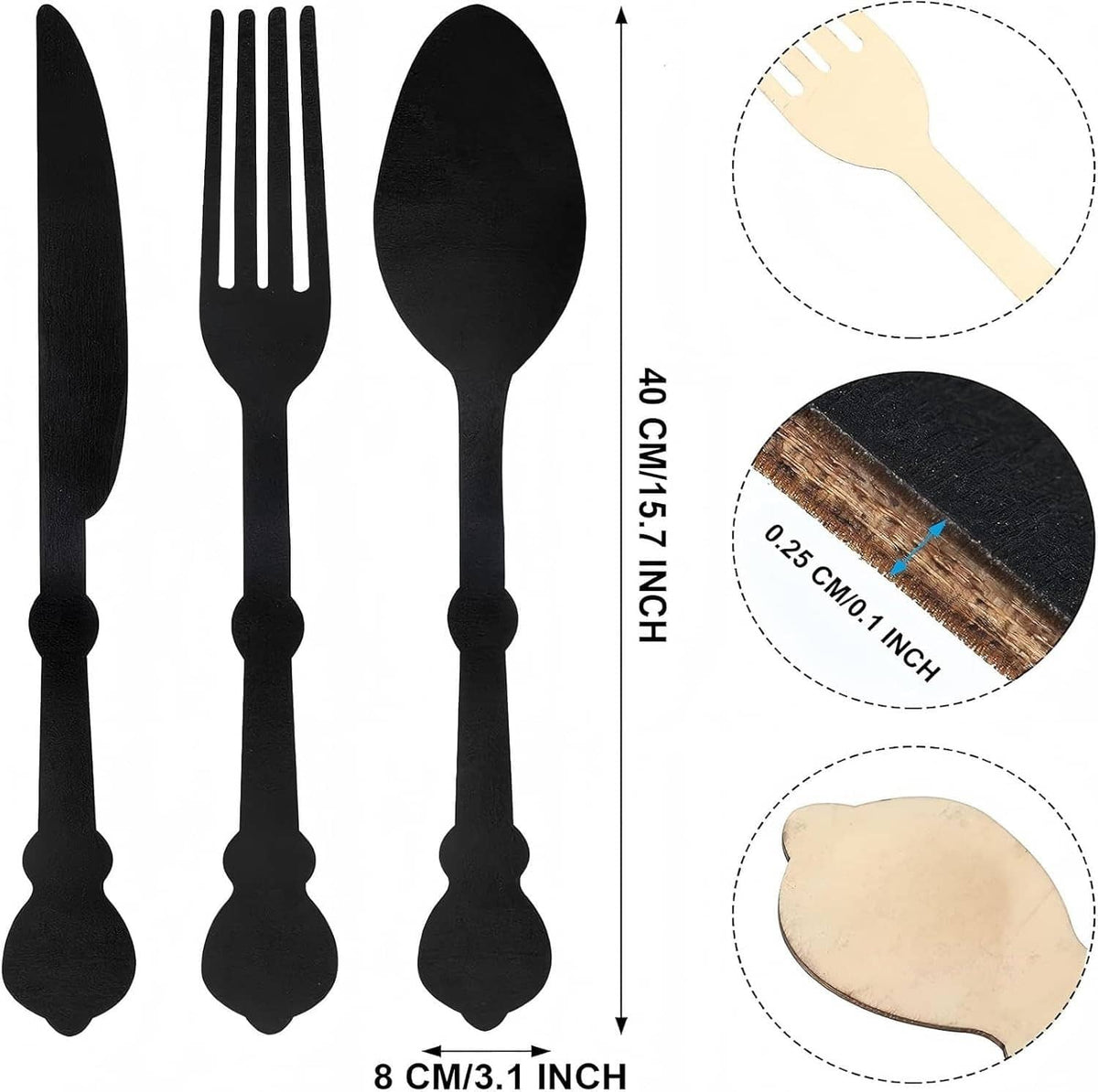 Black wooden knife, fork, and spoon wall decor set with size details shown.
